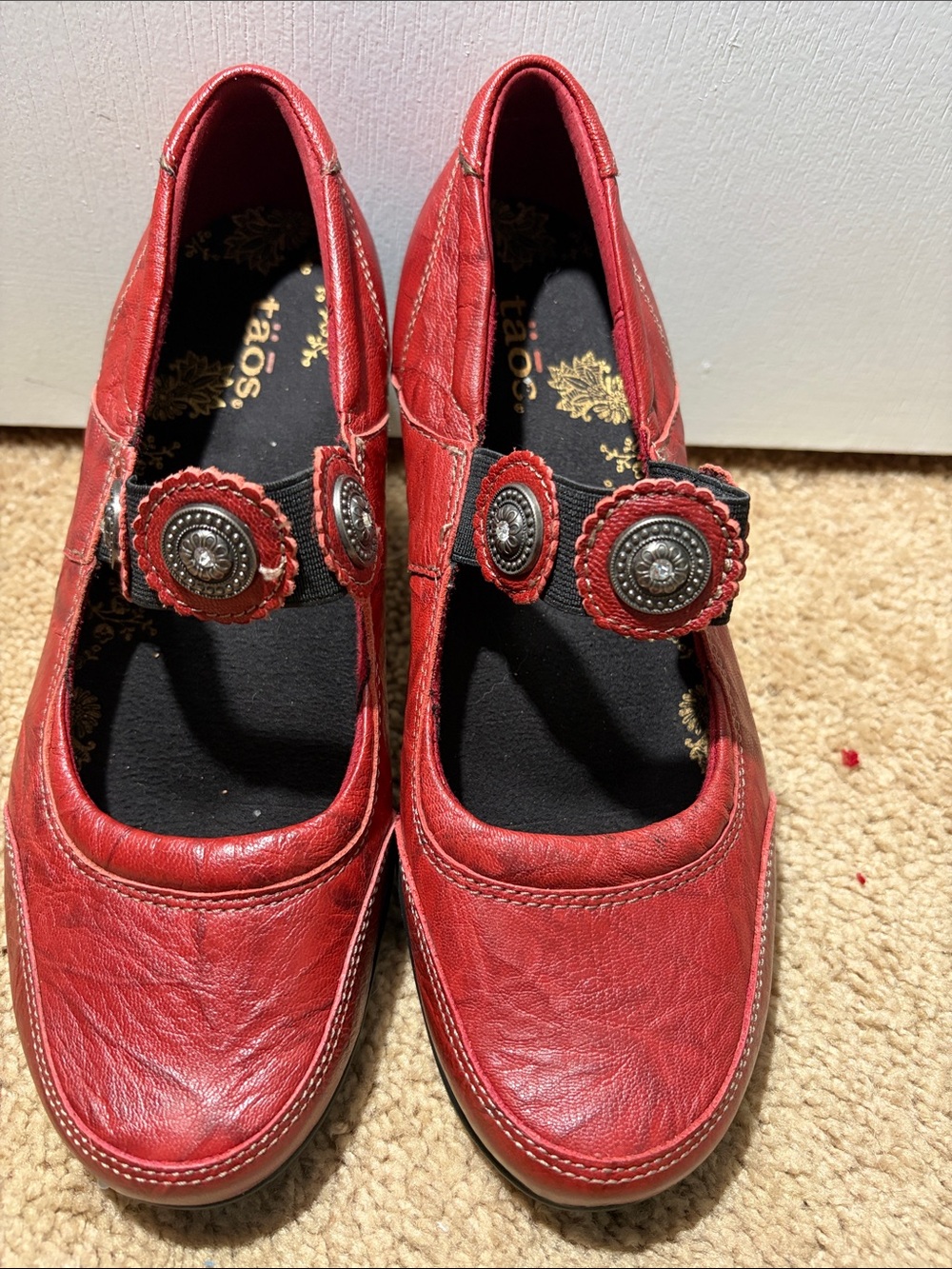 Taos Footwear Red Leather Mary Jane Flats with Silver Concho Accents